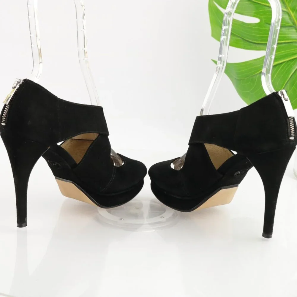 Michael Kors Women Elena Sandal Size 7.5 Black Suede Platform Heel Peep Toe Shoe